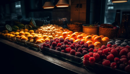 A large bowl of ripe, organic berry fruit for healthy eating generated by artificial intelligenceの素材
