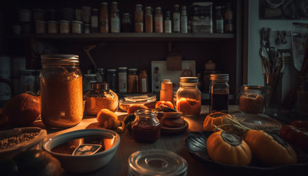 Rustic autumn still life pumpkin, jar, and lantern on table generated by artificial intelligenceの素材