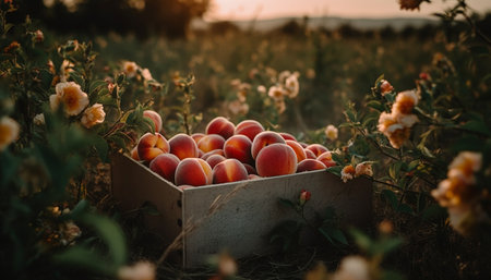 Fresh homegrown produce, ripe for healthy eating in rustic container generated by artificial intelligenceの素材