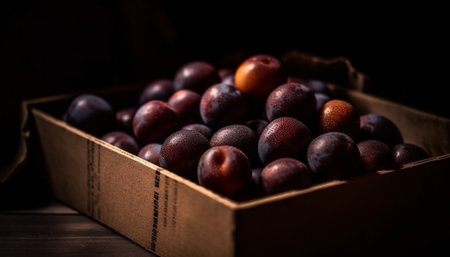Organic fruit crate stack, autumn grape variation, rustic still life generated by artificial intelligenceの素材