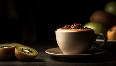Organic dessert on rustic wood plate with frothy cappuccino generated by artificial intelligenceの素材
