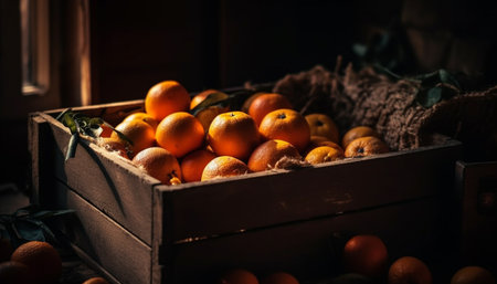 Fresh organic citrus fruit in a rustic wooden crate on table generated by artificial intelligenceの素材