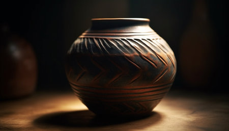 Earthenware pottery vase, antique craft product, rustic decoration on table generated by artificial intelligenceの素材
