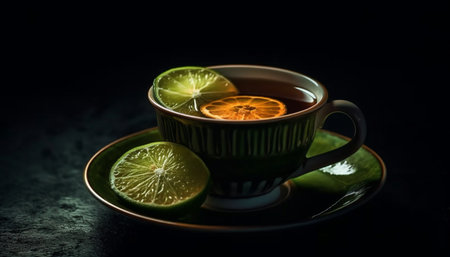 Organic citrus fruit slice adds freshness to hot tea drink generated by artificial intelligenceの素材
