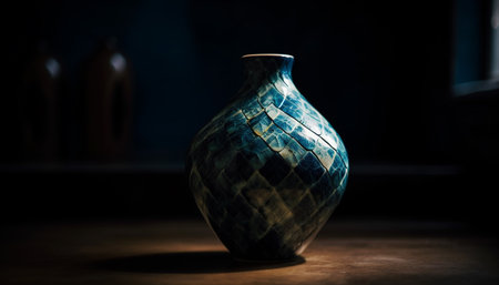 Ancient blue pottery jug, an elegant decoration on rustic table generated by artificial intelligenceの素材