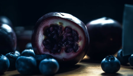 Juicy blueberry slice on wooden table, a healthy snack option generated by artificial intelligenceの素材