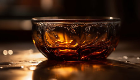 Golden celebration in elegant pub with shiny whiskey glass and ice generated by artificial intelligenceの素材