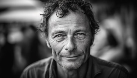 Smiling senior man with gray hair looking at camera outdoors generated by artificial intelligenceの素材