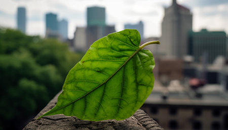 Vibrant green foliage frames modern city skyline in aerial view generated by artificial intelligenceの素材
