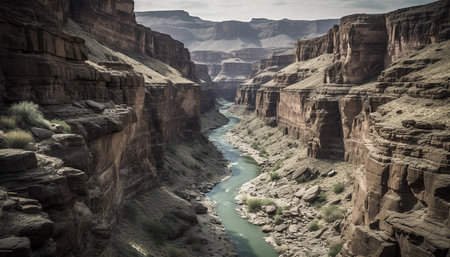Beauty in nature: Majestic sandstone cliff curves over flowing water generated by artificial intelligenceの素材