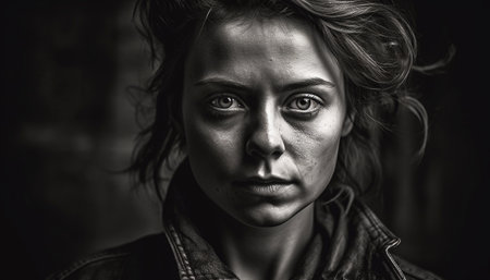 Beautiful young woman exudes confidence in black and white portrait generated by artificial intelligenceの素材