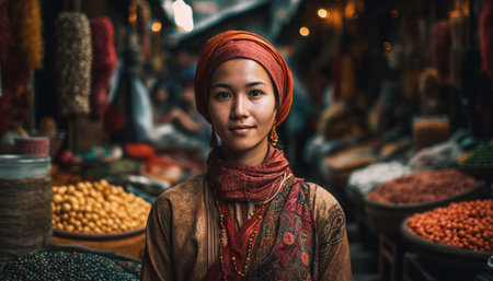 One young woman, confident and cheerful, selling fruit outdoors generated by artificial intelligenceの素材