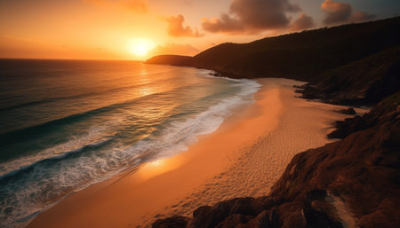Golden horizon reflects tranquil beauty of tropical coastline at dusk generated by artificial intelligenceの素材