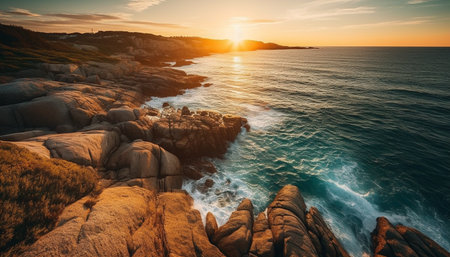 Tranquil sunset over majestic coastline, waves crash on rocky shore generated by artificial intelligenceの素材
