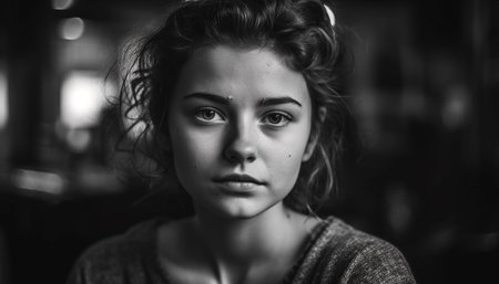 Beautiful young woman with brown hair looking confidently at camera generated by artificial intelligenceの素材