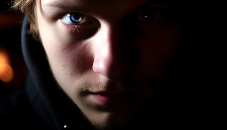 Sad young man stares into darkness, haunted by loneliness generated by artificial intelligenceの素材