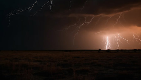 Spooky thunderstorm hits dark landscape, awe inspiring bolt illuminates silhouette generated by artificial intelligenceの素材