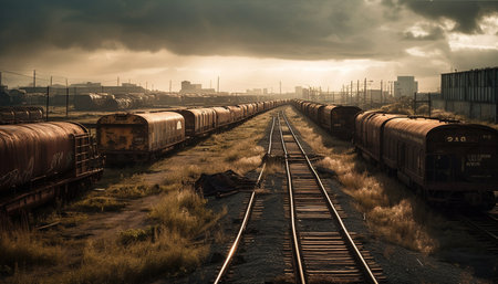 Steel machinery delivers freight transportation on railroad tracks outdoors generated by artificial intelligenceの素材