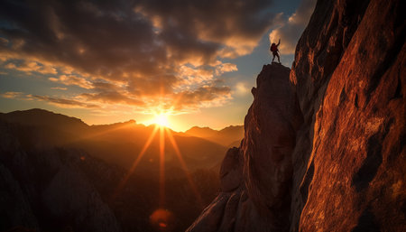 Men conquer extreme terrain, hiking to majestic mountain peak at dawn generated by artificial intelligenceの素材