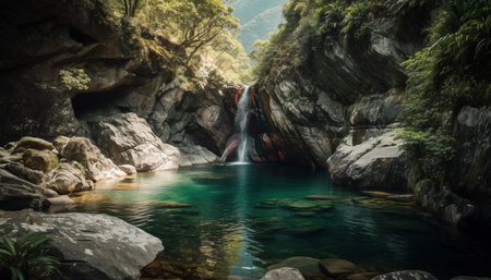 Tranquil scene of majestic mountain with flowing water and green foliage generated by artificial intelligenceの素材