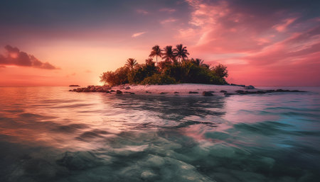Idyllic Caribbean sunset, tranquil waters edge, multi colored twilight reflections generated by artificial intelligenceの素材