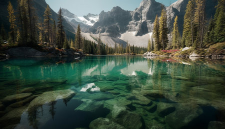 Tranquil scene of majestic mountain range reflected in tranquil pond generated by artificial intelligenceの素材