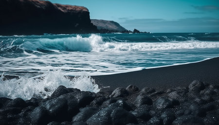 Tranquil sunset over rocky coastline, waves splashing on waters edge generated by artificial intelligenceの素材