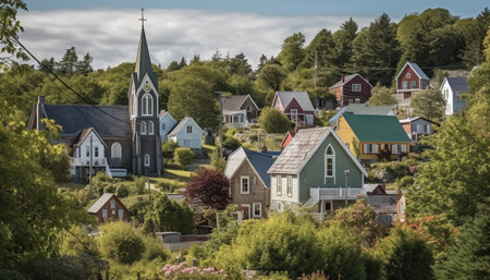A tranquil summer landscape with a famous church steeple generated by artificial intelligenceの素材