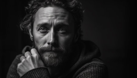 Serious adult businessman with beard in black and white portrait generated by artificial intelligenceの素材