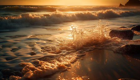 Tranquil sunset over blue waters, a serene beauty in nature generated by artificial intelligenceの素材