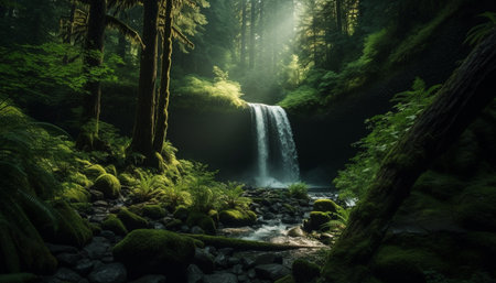 Tranquil scene of a tropical rainforest with flowing water and ferns generated by artificial intelligenceの素材