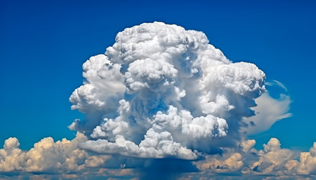 Fluffy cumulus clouds float in the bright blue sky generated by artificial intelligenceの素材