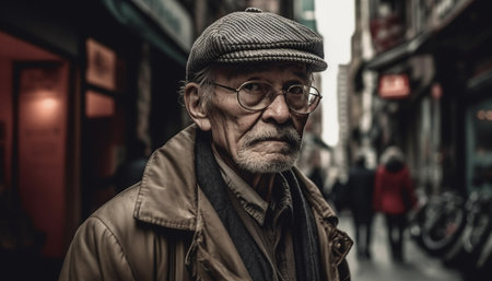 Confident senior man in elegant winter attire standing outdoors at night generated by artificial intelligenceの素材