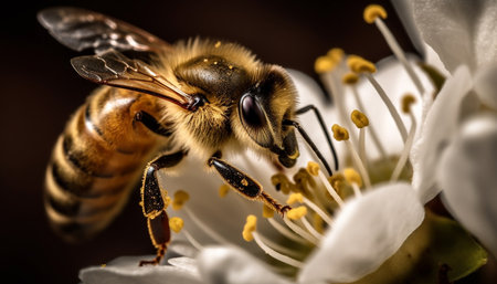 Busy honey bee pollinating a yellow flower in selective focus generated by artificial intelligenceの素材