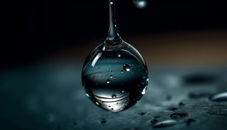 Transparent water drop on glass bottle, reflecting abstract backgrounds generated by artificial intelligenceの素材