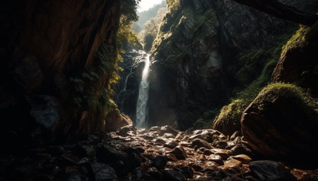 Tranquil scene of majestic mountain range in tropical climate, blue water flowing generated by artificial intelligenceの素材