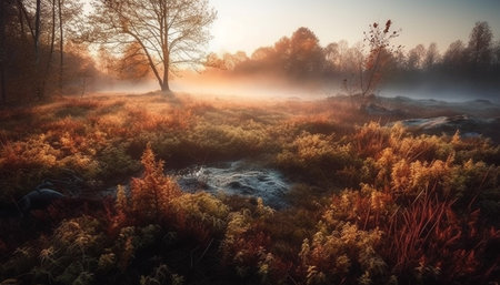 Tranquil autumn landscape: foggy forest, yellow leaves, multi colored reflection generated by artificial intelligenceの素材