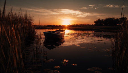 Tranquil scene of nautical vessel on calm water at sunset generated by artificial intelligenceの素材