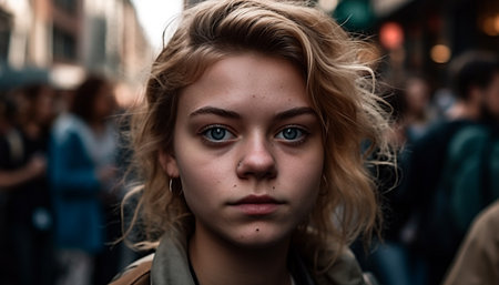 Young women in city life, beauty and fashion model smiling generated by artificial intelligenceの素材