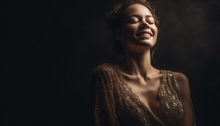 Young adult women smiling in a studio shot, exuding sensuality generated by artificial intelligenceの素材