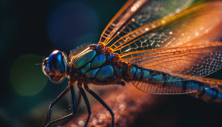 Dragonfly resting on leaf, vibrant wings showcase nature beauty generated by artificial intelligenceの素材