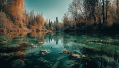 Tranquil scene of autumn landscape, tree reflection in water generated by artificial intelligenceの素材