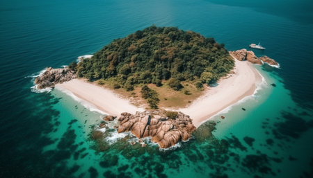 Aerial view of tranquil turquoise coastline, perfect for summer vacations generated by artificial intelligenceの素材