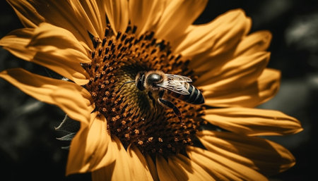 Vibrant yellow sunflower blossom attracts busy honey bee for pollination generated by artificial intelligenceの素材
