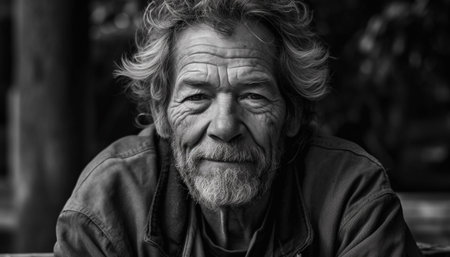 Smiling senior man with gray beard enjoys nature aging process generated by artificial intelligenceの素材