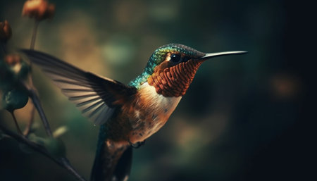 Hovering hummingbird spreads iridescent wings in vibrant forest motion generated by artificial intelligenceの素材