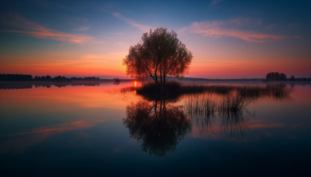 Tranquil scene of nature beauty in vibrant sunset over water generated by artificial intelligenceの素材