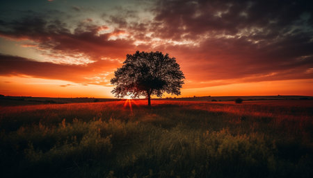 Vibrant sunset silhouettes tranquil forest landscape over mountain horizon generated by artificial intelligenceの素材