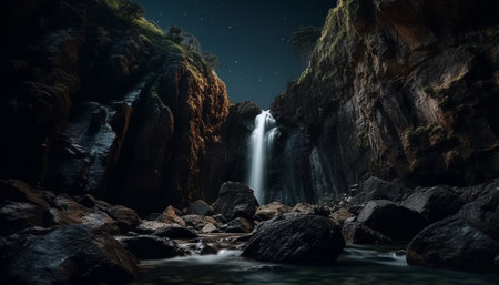 Tranquil scene of majestic mountain range, blurred motion of flowing water generated by artificial intelligenceの素材