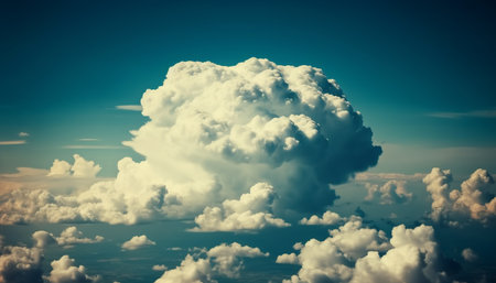 Fluffy cumulus clouds float high up in the vibrant blue sky generated by artificial intelligenceの素材